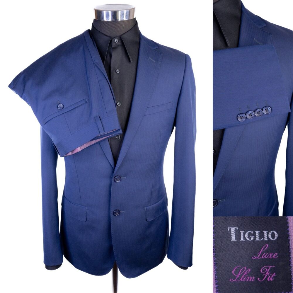Tiglio Luxe 2-Pcs Herringbone Blue Suit Blazer Sz 38R Pants 32X30 Lanificio Wool